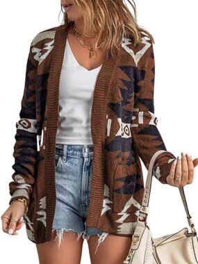 Tribal Aztec Print Open Front Cardigan Sweater | Knitted Jacquard Style